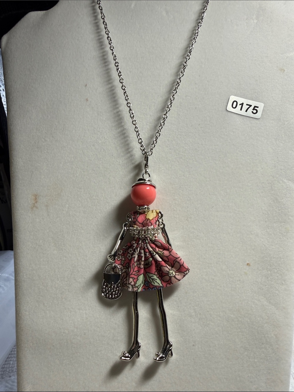 Silver Doll Pendant Necklace with Coral Pink Dress